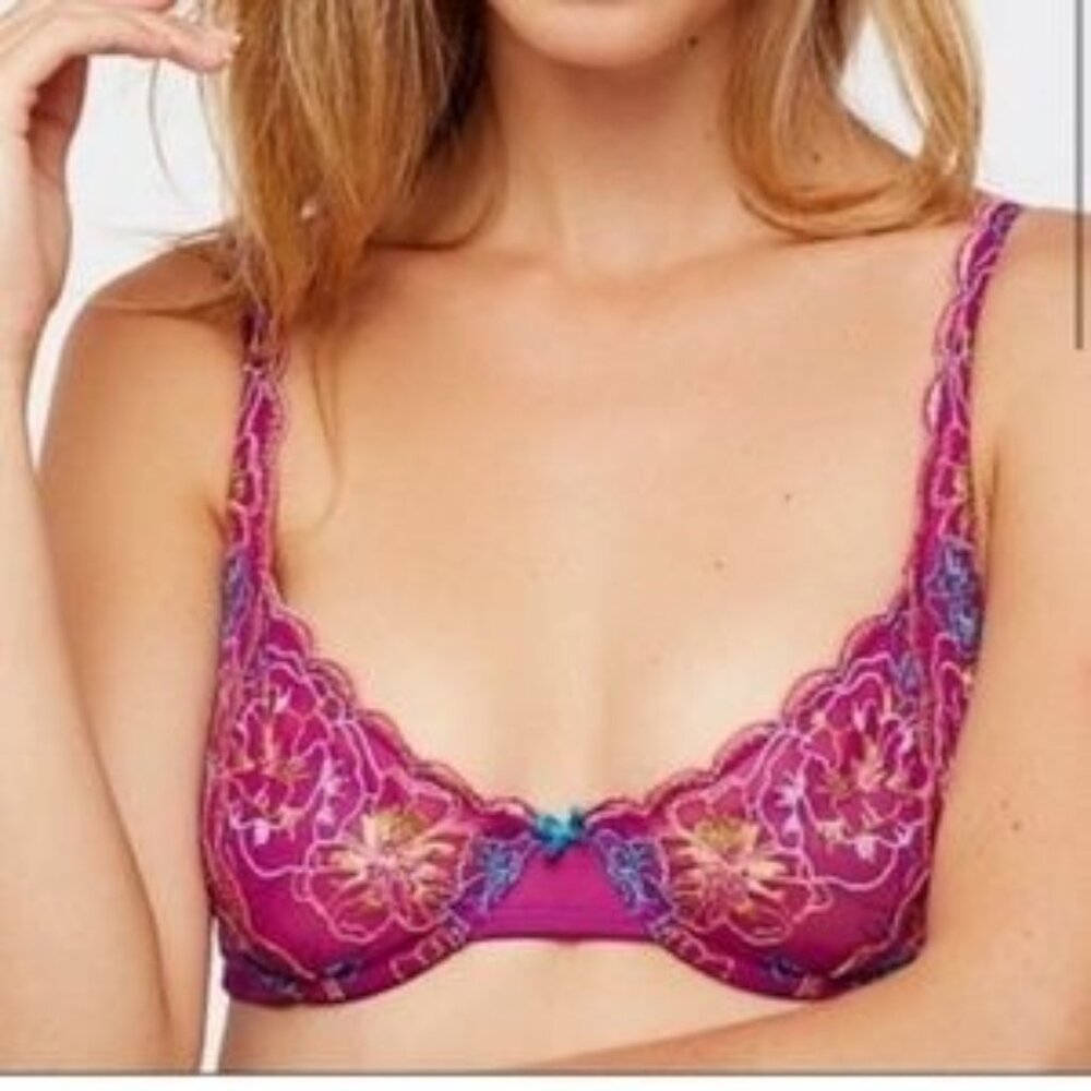 Free People Lace Underwire Bra Floral Embroidery 34DD Fuchsia & Multicolor